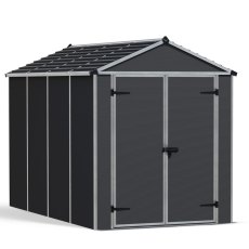 6x10 Palram Canopia Rubicon Plastic Apex Shed - Dark Grey - isolated angle view, doors closed