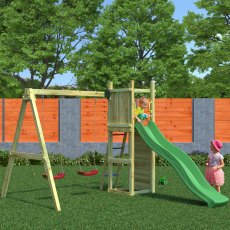 Shire Rumble Ridge Rock Wall with Double Swing & Slide - Funny 3 - in situ, side angle view