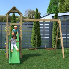 Shire Sky High Hideout with Double Swing & Slide - Flappi - in situ, front view