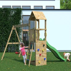 Shire Sky High Hideout with Double Swing & Slide - Flappi - in situ, back angle view
