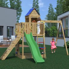 Shire Treehouse with Double Swing & Slide - in situ, angle view