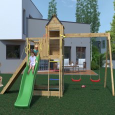 Shire Treehouse with Double Swing & Slide - in situ, front view