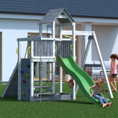 Shire Activer Tower in Grey & White with Single Swing & Slide - in situ, side angle view