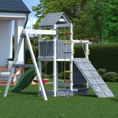 Shire Activer Tower in Grey & White with Single Swing & Slide - in situ, back angle view