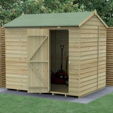 8x6 Forest Beckwood Shiplap Windowless Reverse Apex Wooden Shed - in situ, angle view, doors open