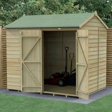8x6 Forest Beckwood Shiplap Windowless Reverse Apex Wooden Shed with Double Doors - in situ, angle view