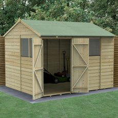 10x8 Forest Beckwood Shiplap Reverse Apex Wooden Shed with Double Doors - in situ, angle view, doors open