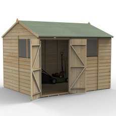 10x8 Forest Beckwood Shiplap Reverse Apex Wooden Shed with Double Doors - isolated angle view, doors open
