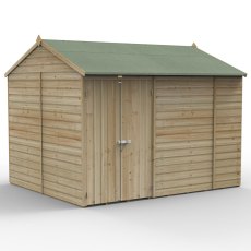 10x8 Forest Beckwood Shiplap Windowless Reverse Apex Wooden Shed with Double Doors - isolated angle view, doors closed
