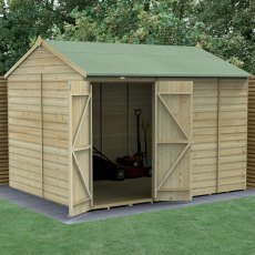10x8 Forest Beckwood Shiplap Windowless Reverse Apex Wooden Shed with Double Doors - in situ, angle view, doors open