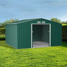 11x14 Lotus Orion Apex Metal Shed Win Foundation Kit In Green - in situ, angle view, doors open