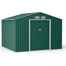 11x14 Lotus Orion Apex Metal Shed Win Foundation Kit In Green - isolated angle view, doors closed