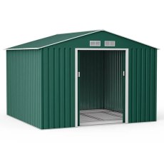 11x14 Lotus Orion Apex Metal Shed Win Foundation Kit In Green - isolated angle view, doors open
