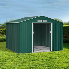 9x8 Lotus Orion Apex Metal Shed with Foundation Kit in Green - in situ, angle view, doors open
