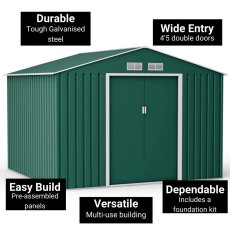 9x8 Lotus Orion Apex Metal Shed with Foundation Kit in Green - information