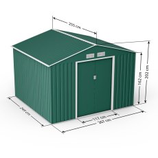 9x8 Lotus Orion Apex Metal Shed with Foundation Kit in Green - dimensions