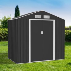 7x4 Lotus Hera Apex Metal Shed with Foundation Kit - in situ, angle view
