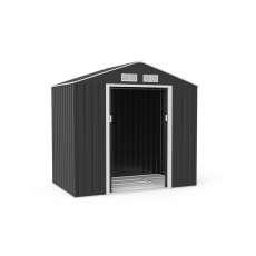 7x4 Lotus Hera Apex Metal Shed with Foundation Kit - isolated angle view, doors open