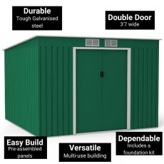 9x8 Lotus Hestia Pent Metal Shed with Foundation Kit in Dark Green - information