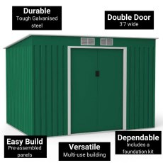9x6 Lotus Hestia Pent Metal Shed with Foundation Kit in Dark Green - information