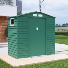 7x4 Lotus Hypnos Apex Metal Shed in Green - in situ, angle view, doors closed