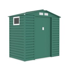 7x4 Lotus Hypnos Apex Metal Shed in Green - isolated angle view, doors closed