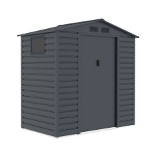 7x4 Lotus Hypnos Apex Metal Shed in Cold Grey - isolated angle view, doors closed