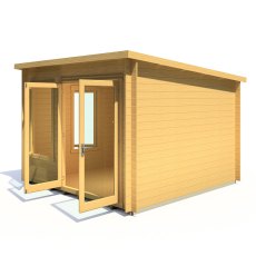 10x10 Shire Emneth Pent Log Cabin In 19mm Logs - far angle view with doors open