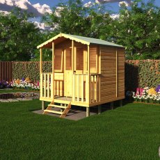 Shire Thornham 7x5 wooden summerhouse side view with veranda in garden setting