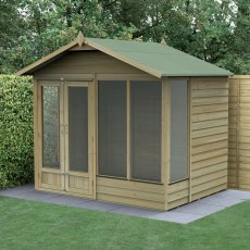 8x6 Forest 4LIfe Summerhouse Pressure Treated - insitu and angled with doors open