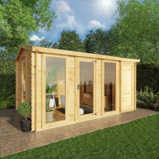 15x10 Mercia Reverse Apex Log Cabin With Side Shed in 19mm Logs - in situ, angle view, doors closed