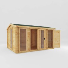 15x10 Mercia Reverse Apex Log Cabin With Side Shed in 19mm Logs - isolated angle view