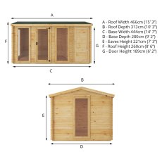 15x10 Mercia Reverse Apex Log Cabin With Side Shed in 19mm Logs - dimensions