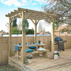 8x8 Forest Premium Ultima Wooden Garden Pergola - displaye with outdoor dining table and chairs
