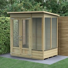 6x4 Forest Beckwood Pent Summerhouse with Double Doors - 25yr Guarantee - in situ, angle view, doors open