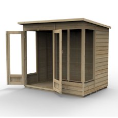 7x5 Forest Beckwood Pent Summerhouse with Double Doors - 25yr Guarantee - isolated angle view, doors open