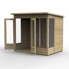 7x5 Forest Beckwood Pent Summerhouse with Double Doors - 25yr Guarantee - isolated angle view, doors open