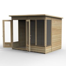 8x6 Forest Beckwood Pent Summerhouse with Double Doors - 25yr Guarantee - in situ, angle view