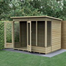 8x6 Forest Beckwood Pent Summerhouse with Double Doors - 25yr Guarantee - in situ, angle view, doors open