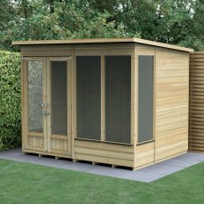 8x6 Forest Beckwood Pent Summerhouse with Double Doors - 25yr Guarantee - in situ, angle view, doors open