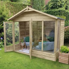 8x6 Forest Beckwood Apex Summerhouse with Double Doors - 25yr Guarantee - in situ, angle view, doors open