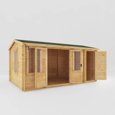 16x10 Mercia Reverse Apex Log Cabin With Side Shed in 19mm Logs - isolated angle view