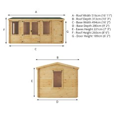 16x10 Mercia Reverse Apex Log Cabin With Side Shed in 19mm Logs - dimensions