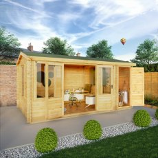 16x10 Mercia Reverse Apex Log Cabin With Side Shed in 19mm Logs - in situ, angle view, doors open