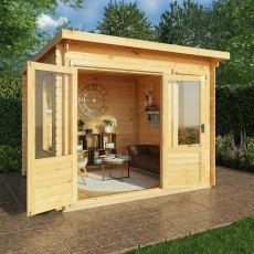 10x10 Mercia Pent Log Cabin in 19mm Logs - in situ, angle view, doors open