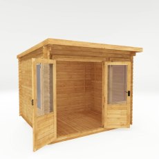 10x10 Mercia Pent Log Cabin in 19mm Logs - isolated angle view, doors open