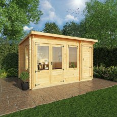 13x10 Mercia Pent Log Cabin With Side Shed in 19mm Logs - in situ, angle view, doors closed