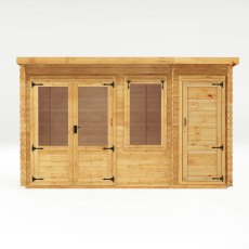 13x10 Mercia Pent Log Cabin With Side Shed in 19mm Logs - isolated front view