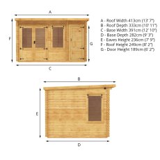 13x10 Mercia Pent Log Cabin With Side Shed in 19mm Logs - dimensions