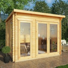 3m x 3m Mercia Studio Pent Log Cabin - 28mm Logs - In situ, Doors Closed